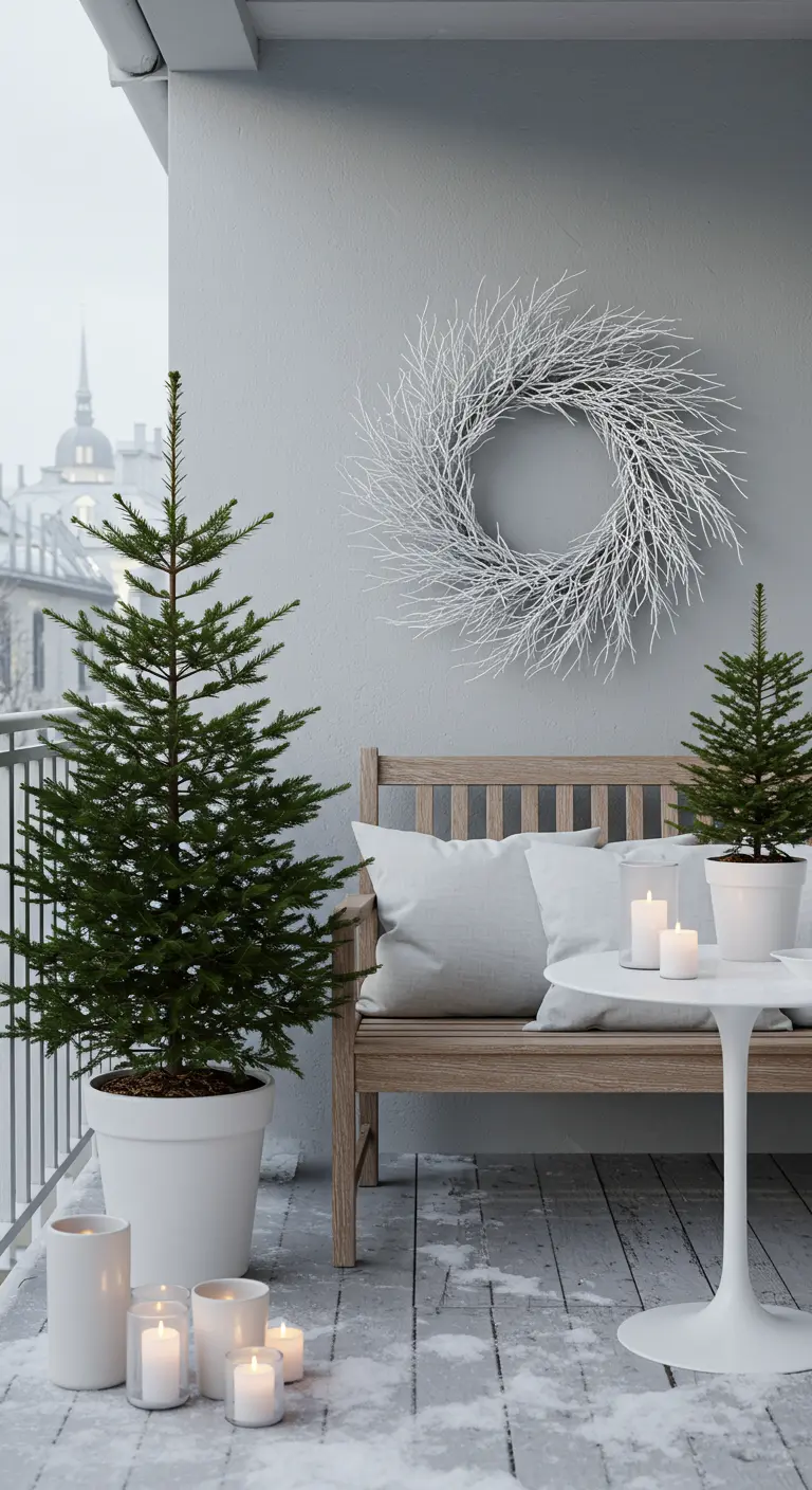Balcon enneigé de style scandinave, avec banc en bois, sapin blanc, et couronne de branches blanches.