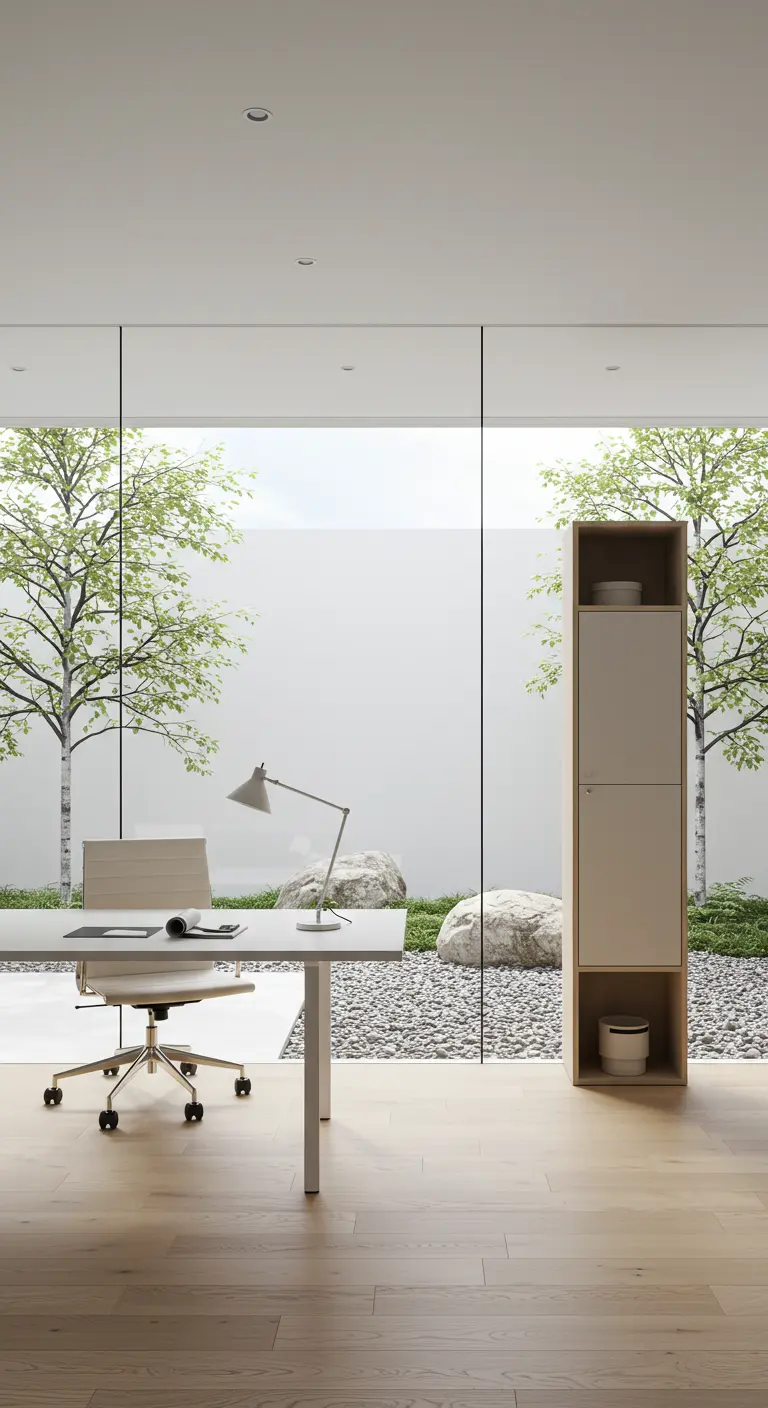Bureau minimaliste blanc face à une baie vitrée donnant sur un jardin japonais.