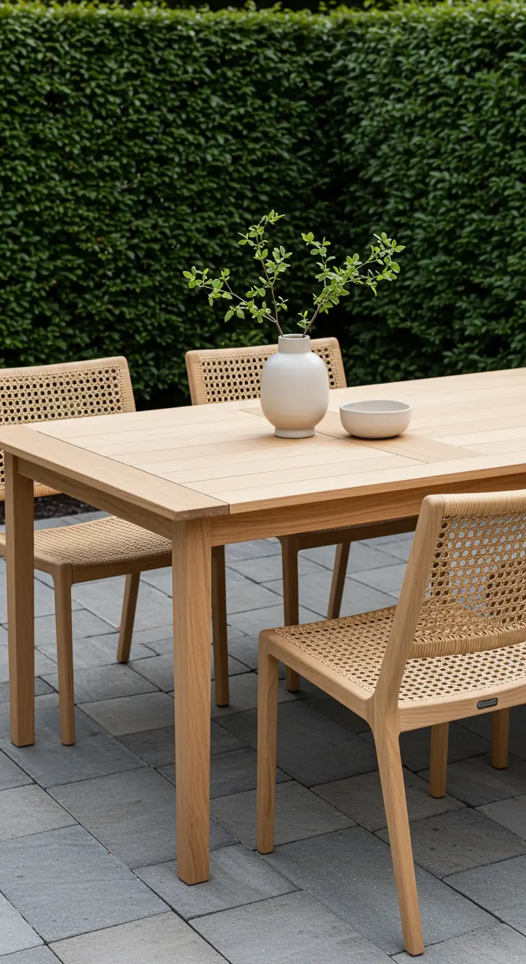 Table à manger minimaliste en bois clair avec des chaises en cannage et un vase simple.