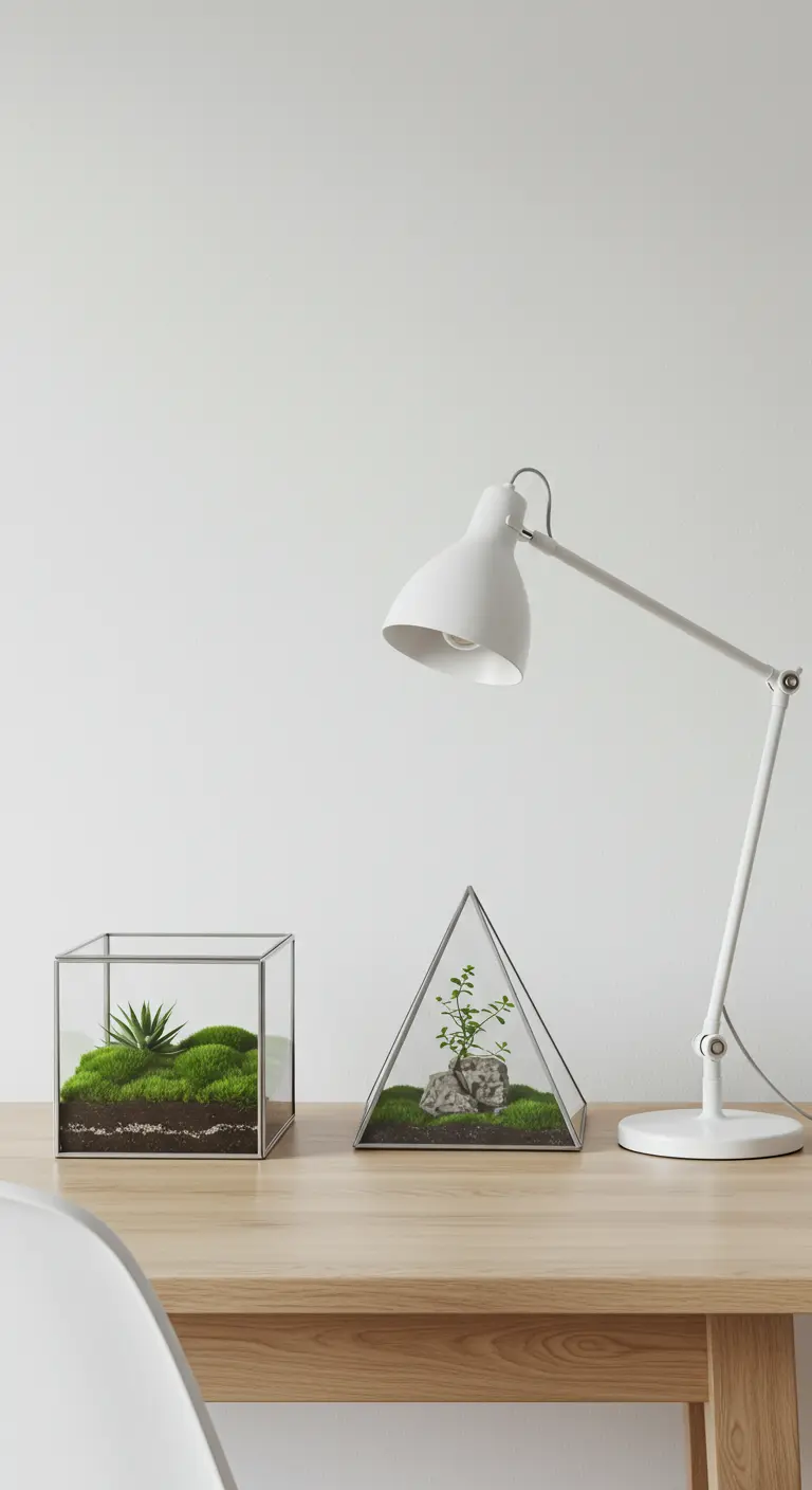 Terrariums minimalistes avec mousse et une petite plante sur un bureau en bois clair.