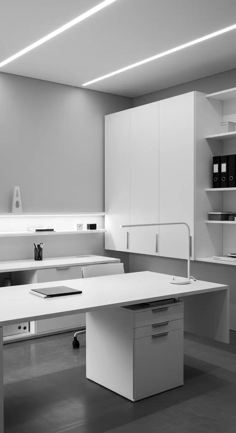 Bureau minimaliste blanc avec rangements intégrés et éclairage LED linéaire.
