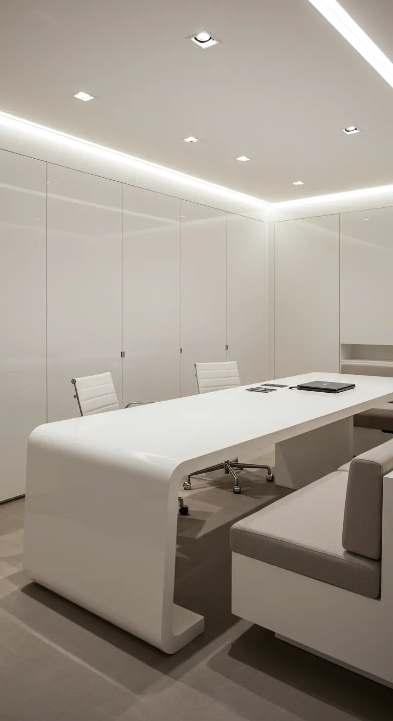 Bureau blanc ultra-moderne aux formes courbes dans un espace minimaliste.