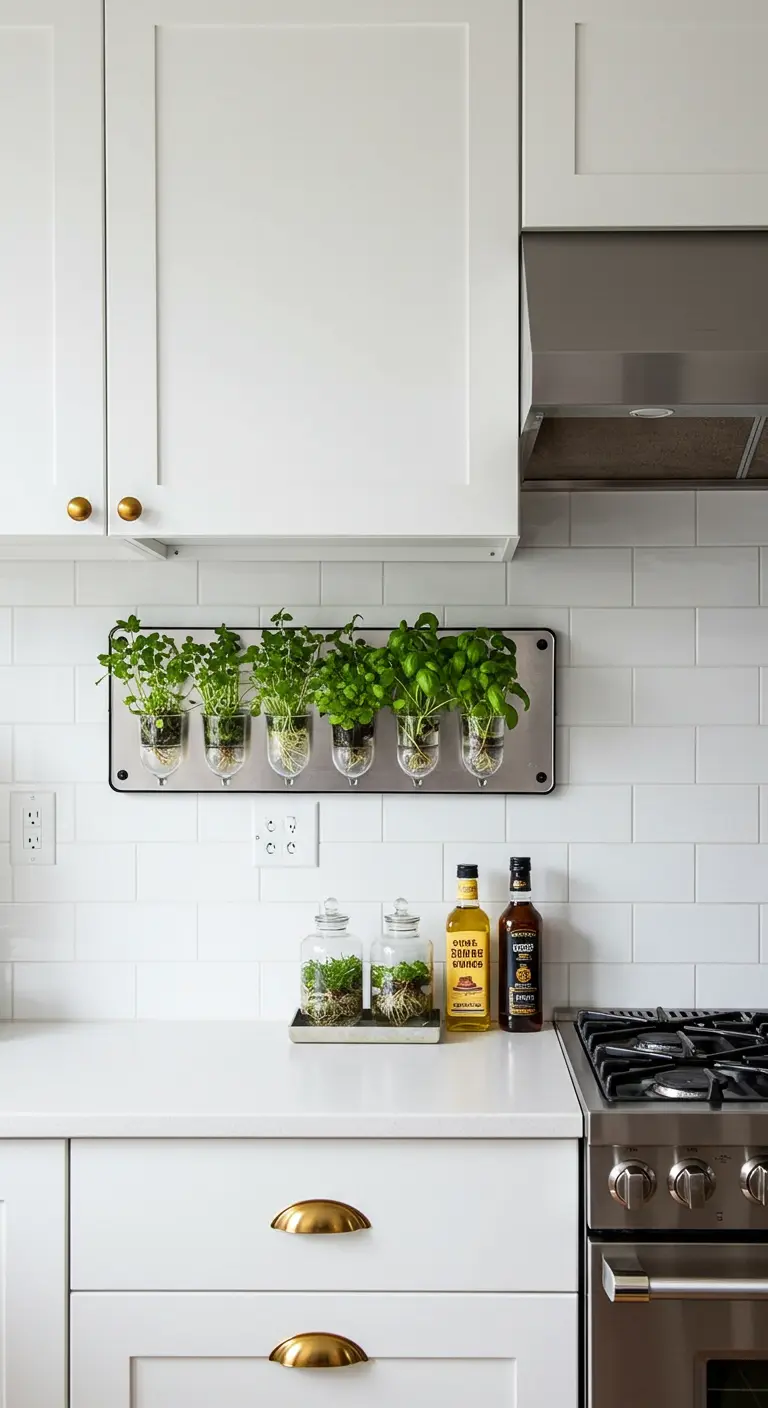 Herbes fraîches dans des pots en verre transparent sur une barre métallique au-dessus d'un comptoir.
