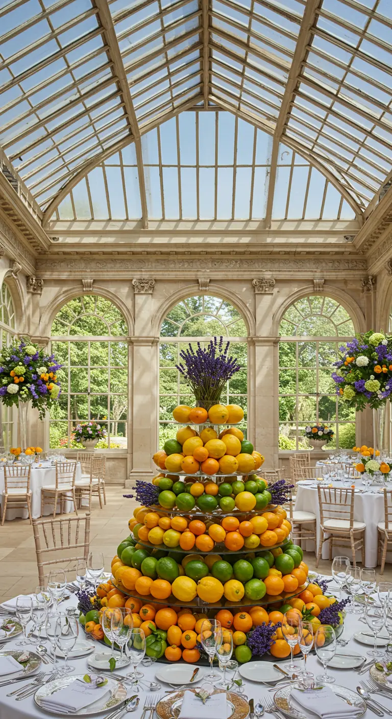 Impressionnante tour d'agrumes et de lavande dans une orangerie lumineuse.