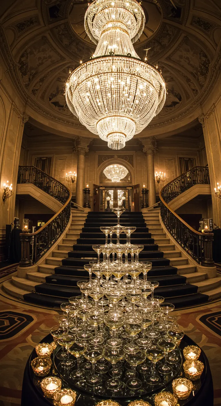 Une impressionnante pyramide de coupes de champagne sous un lustre monumental.