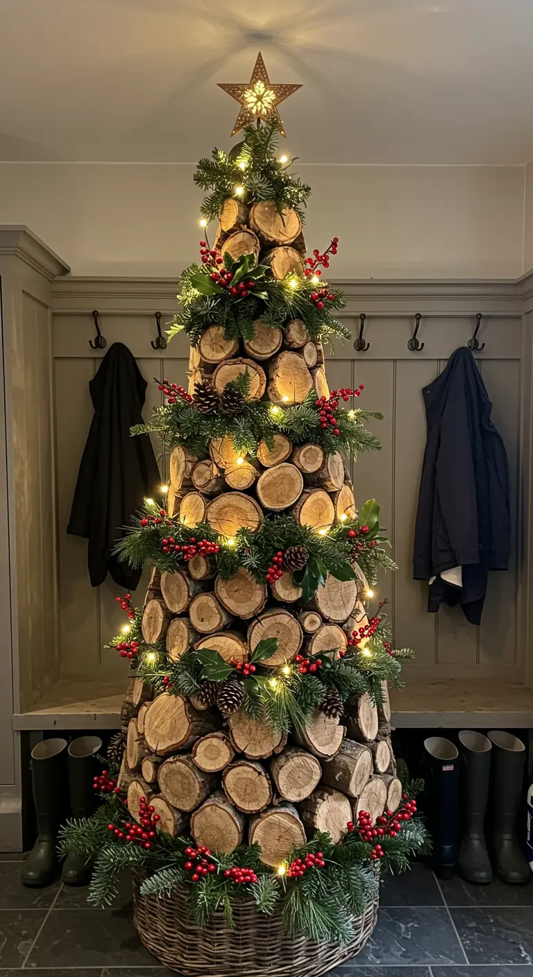 Sapin de Noël fait d'une pile de rondins de bois, décoré de houx et de lumières.