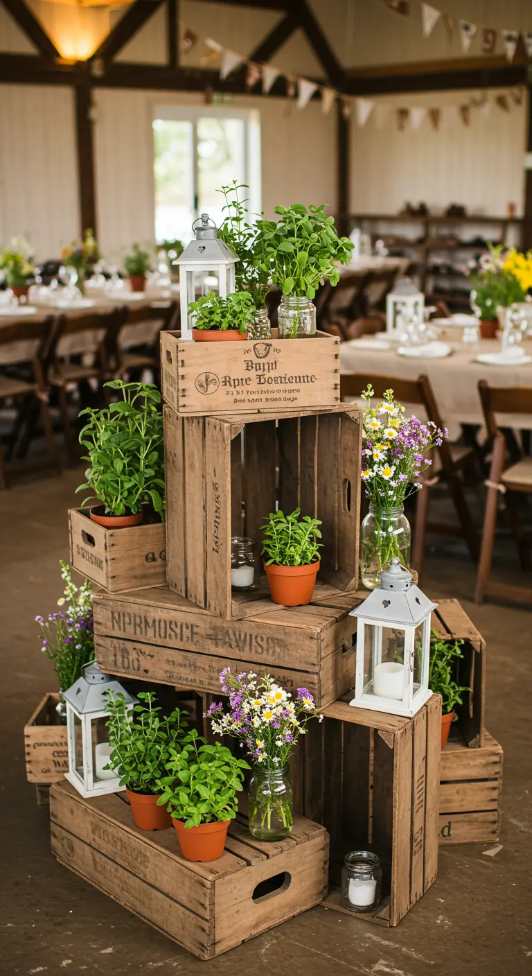 Pyramide de caisses en bois vintage décorées de plantes en pot et de lanternes.
