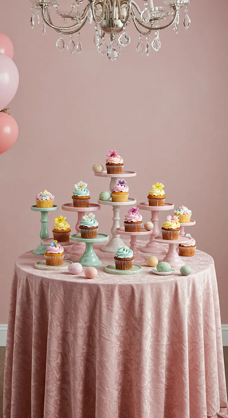 Pyramide de cupcakes colorés sur des présentoirs de différentes hauteurs.