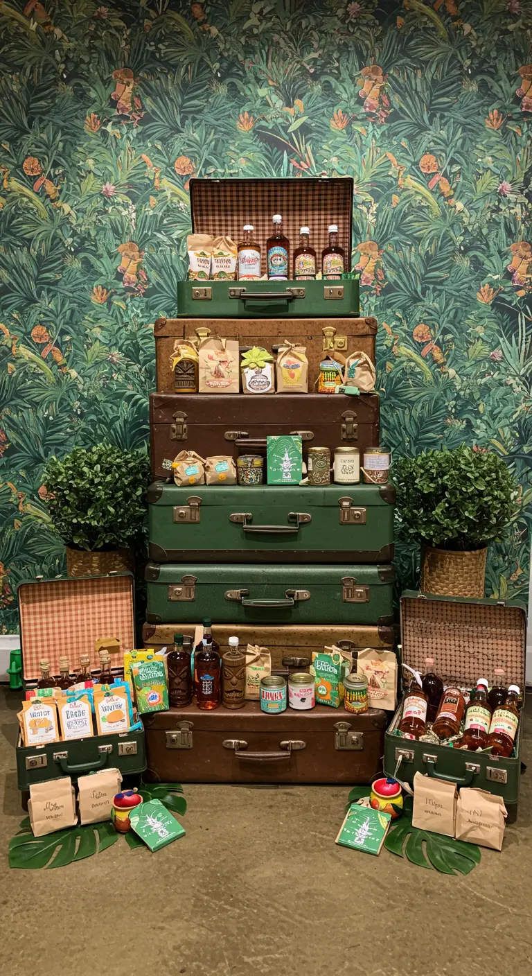 Tour de valises vertes et marron présentant des cadeaux pour les invités.