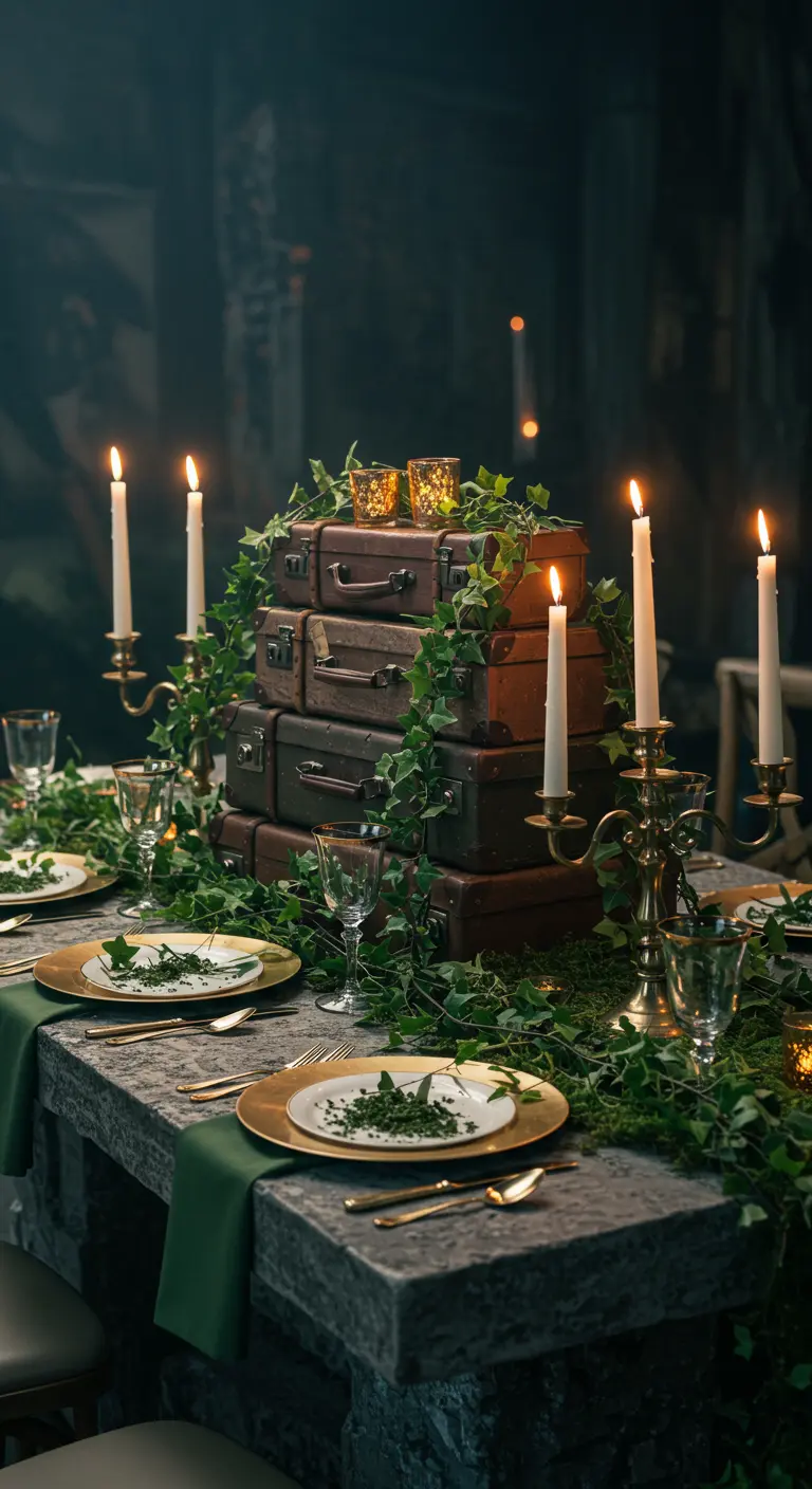 Centre de table composé d'une pile de valises anciennes avec du lierre.