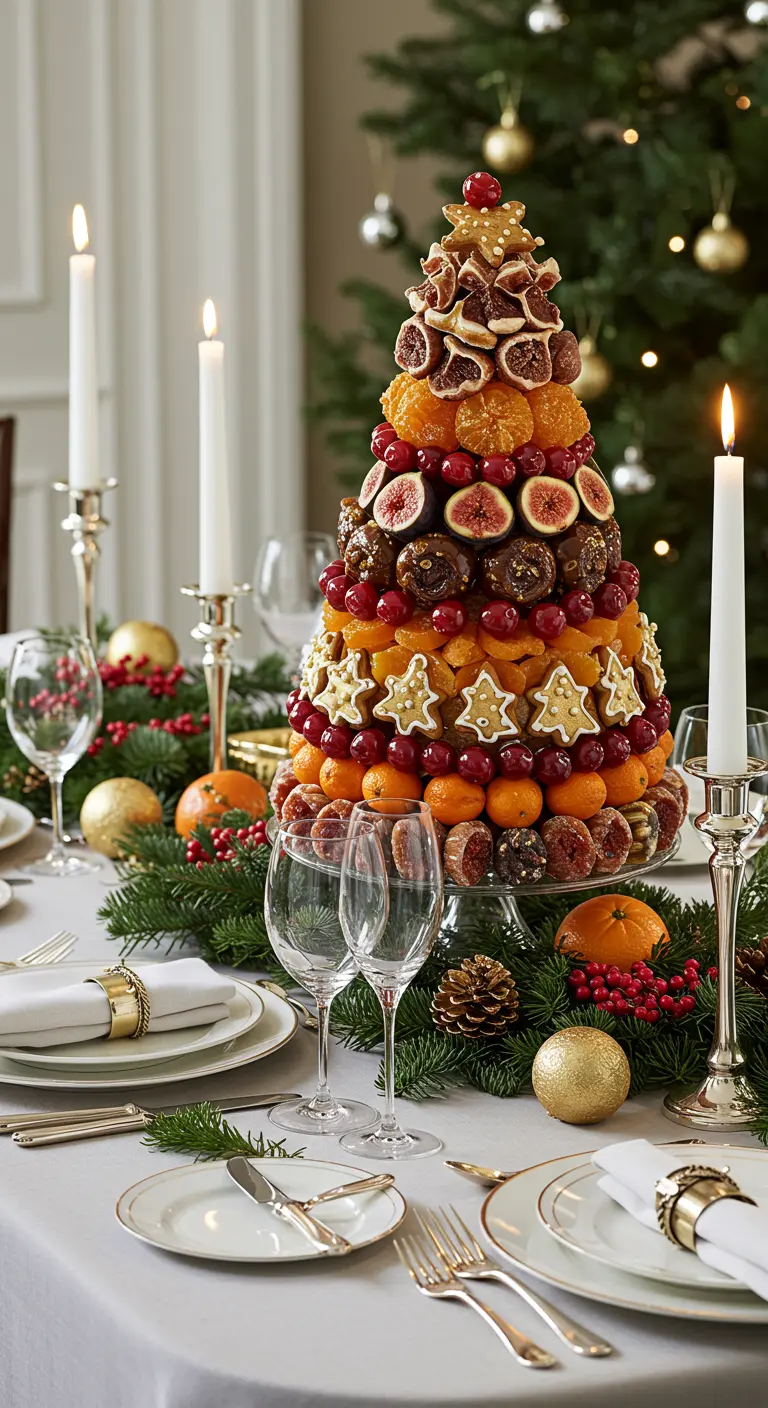 Centre de table de Noël en pyramide de fruits secs, frais et biscuits étoiles, entouré de bougies.
