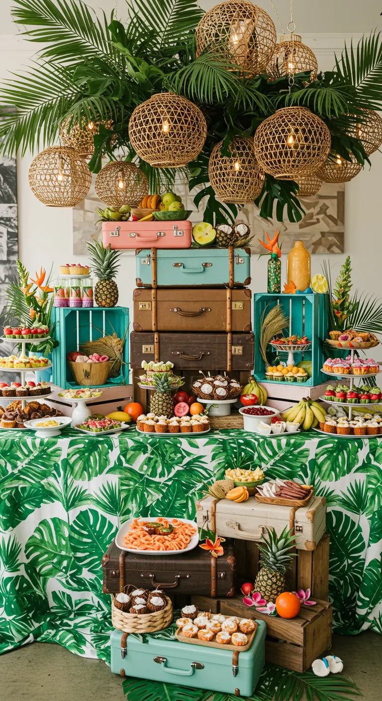 Grand buffet tropical avec des étages de valises et caisses en bois colorées.