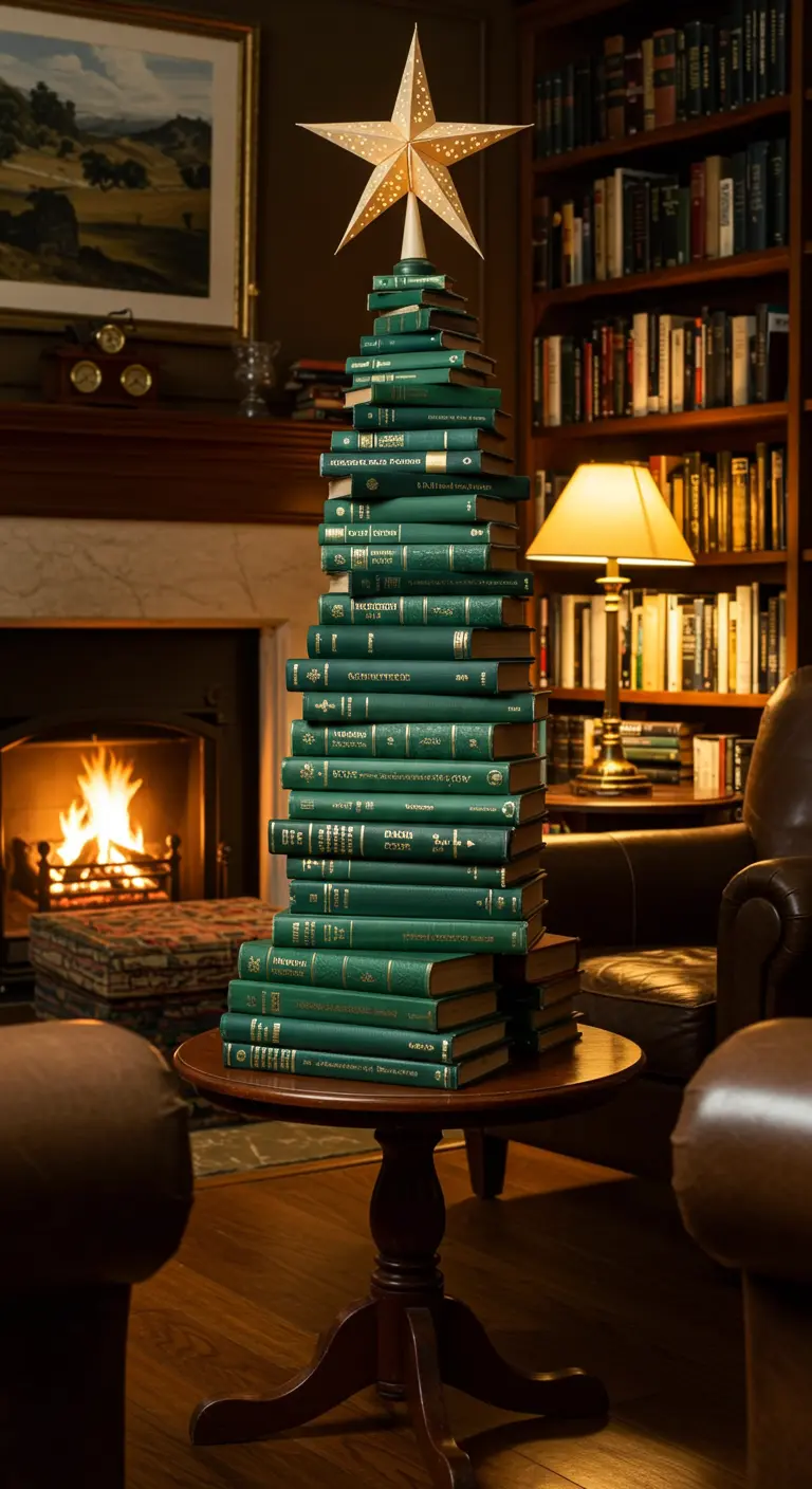 Sapin de Noël original formé par une pile de livres verts anciens dans une bibliothèque.