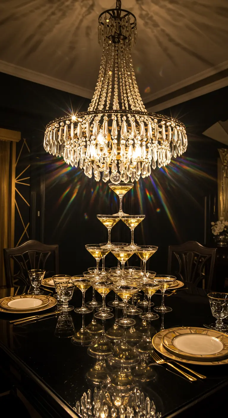 Pyramide de coupes de champagne sous un lustre en cristal spectaculaire.