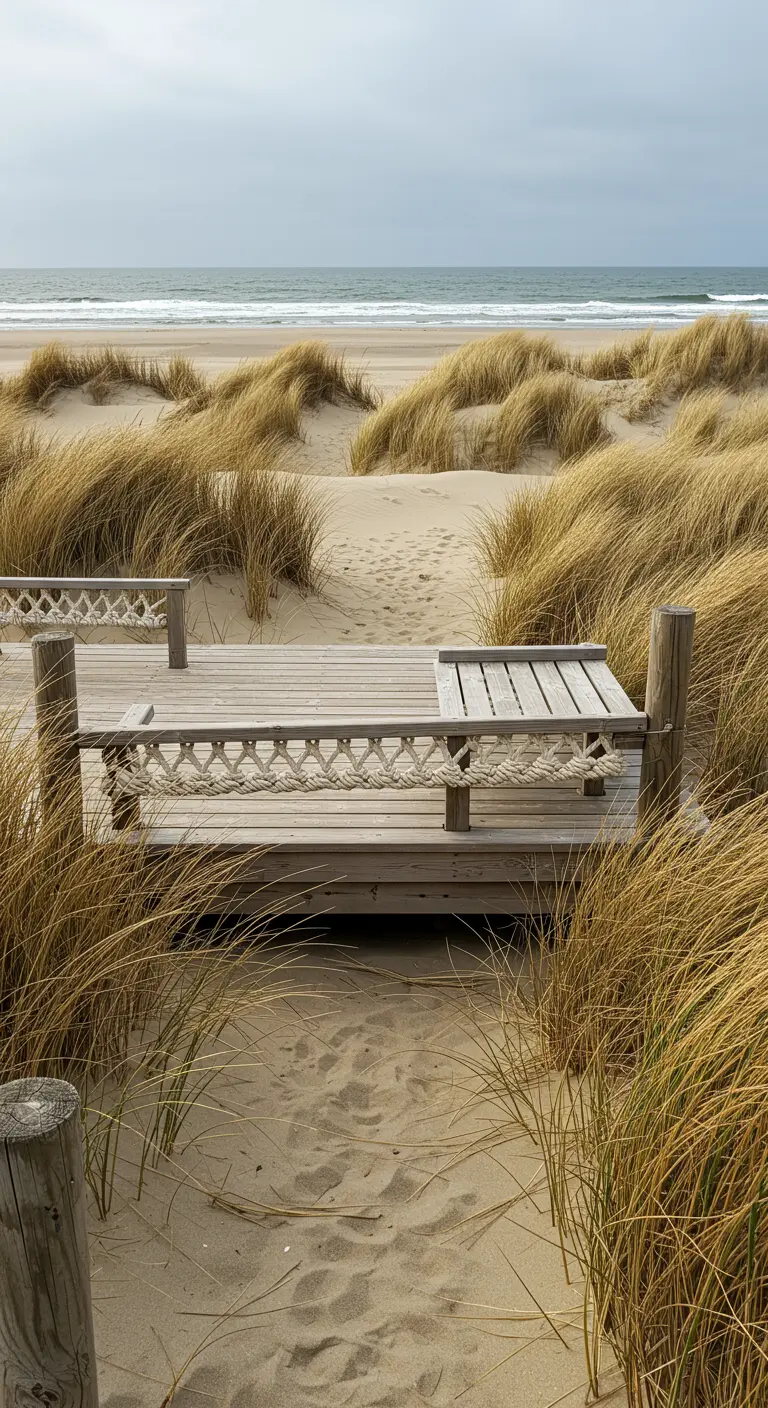 Petite terrasse en bois clair avec bancs intégrés et cordages, nichée dans les dunes de sable et les herbes folles, face à l'océan.