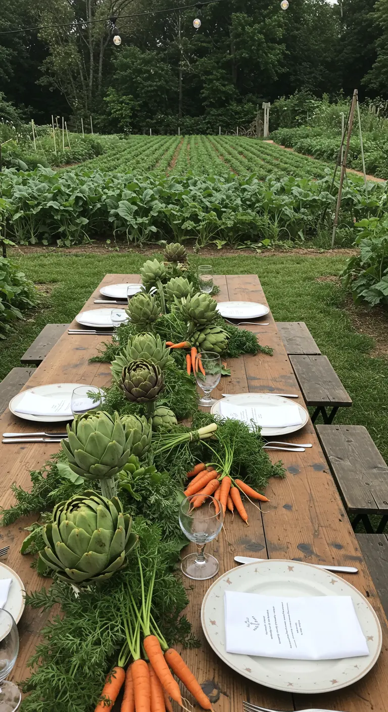 Table en bois décorée d'un chemin de table entièrement composé de légumes frais : artichauts et carottes.