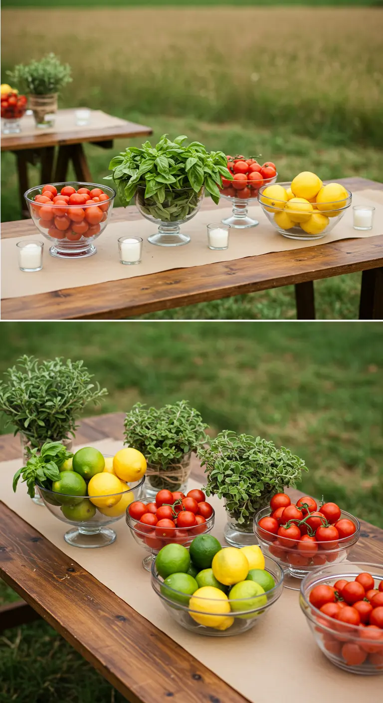 Plusieurs coupes en verre remplies de tomates cerises, citrons, limes et herbes.