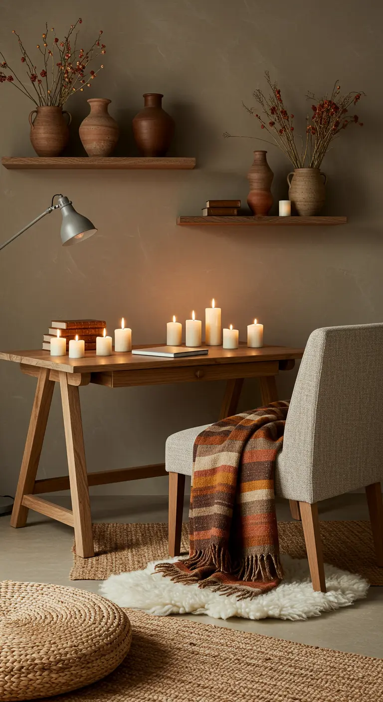 Bureau aux tons terreux avec étagères en bois, vases en terre cuite et plaid rayé.