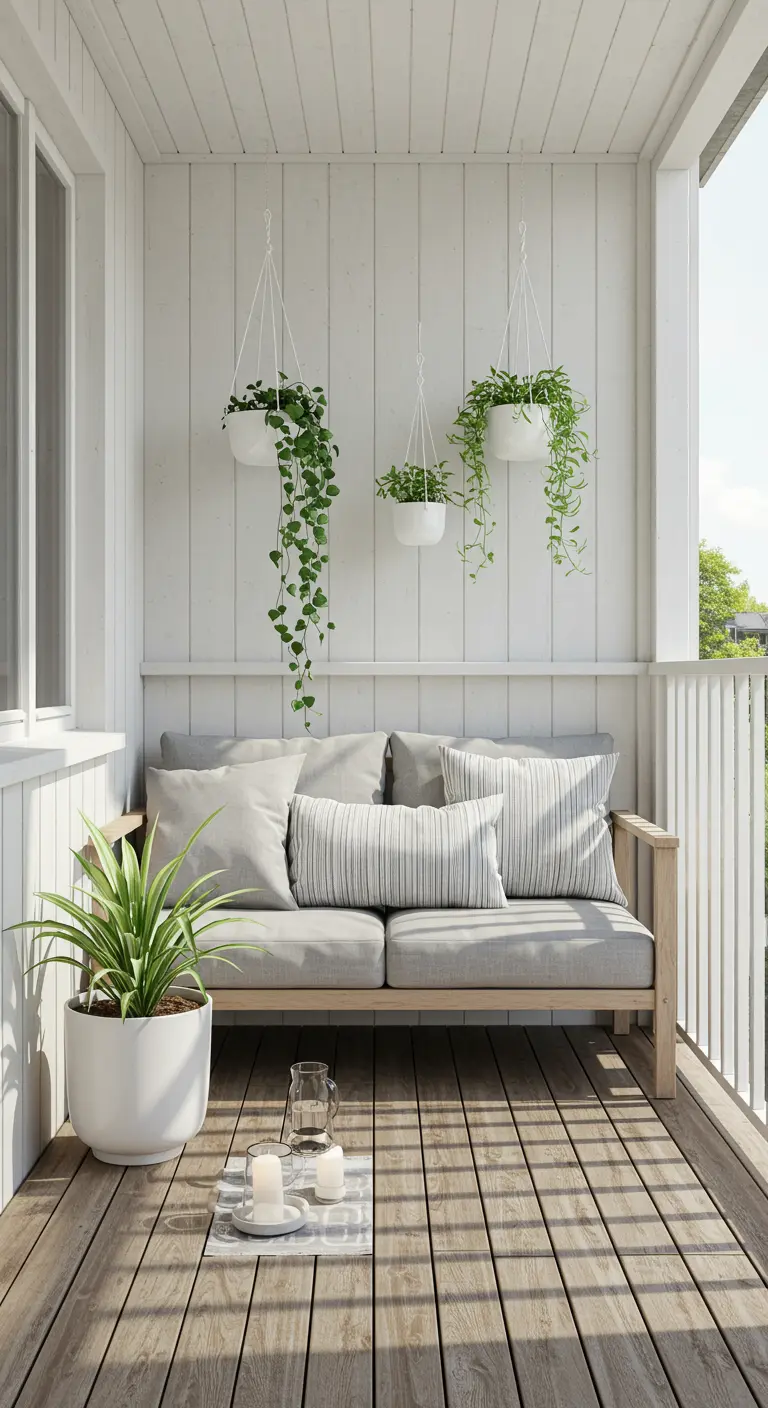 Balcon de style scandinave avec des plantes vertes dans des pots blancs suspendus.