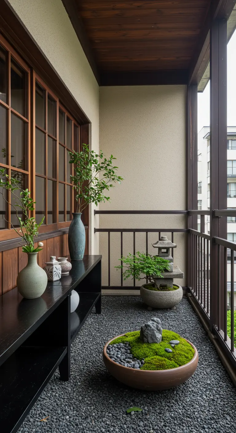 Balcon de style jardin zen avec gravier, lanterne en pierre et bonsaï.