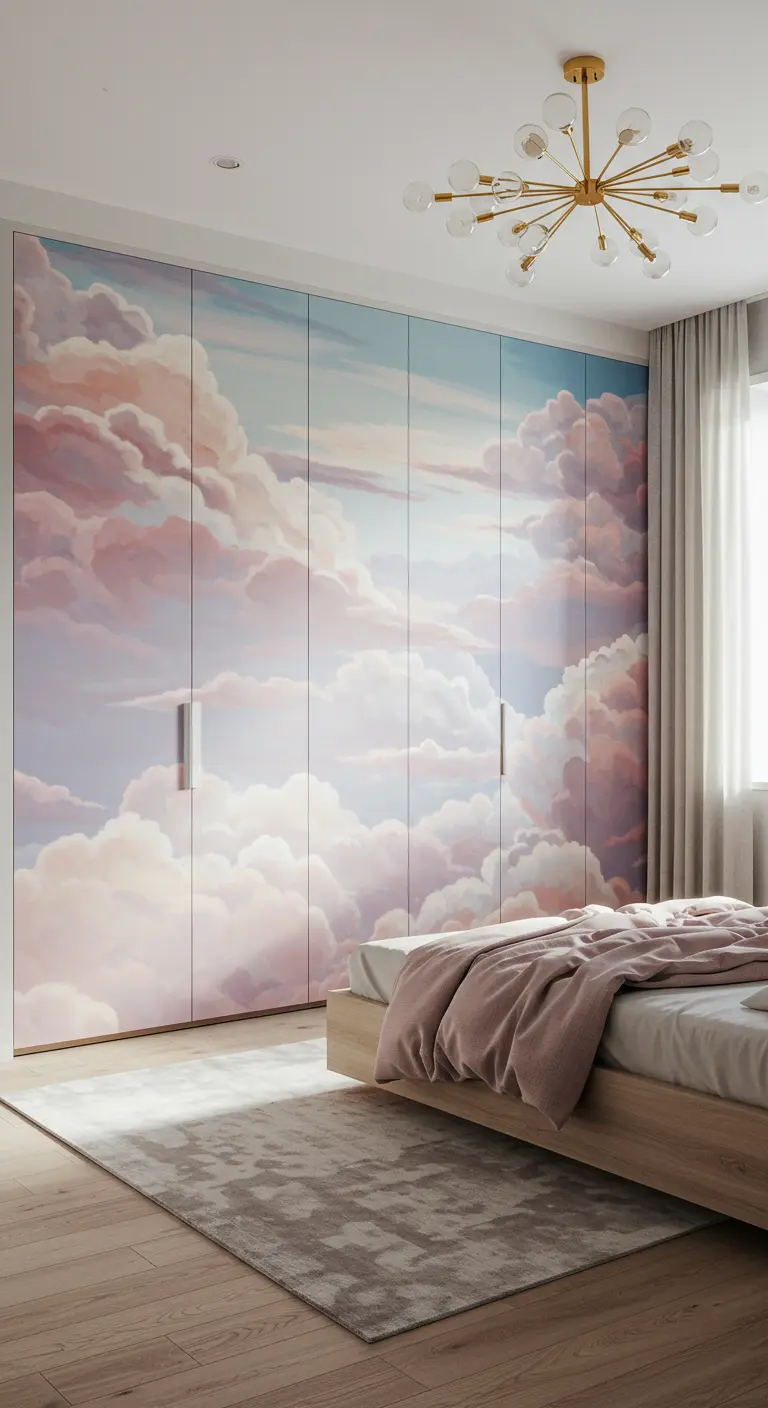 Grand dressing intégré dont les portes sont recouvertes d'une fresque de nuages roses et bleus.