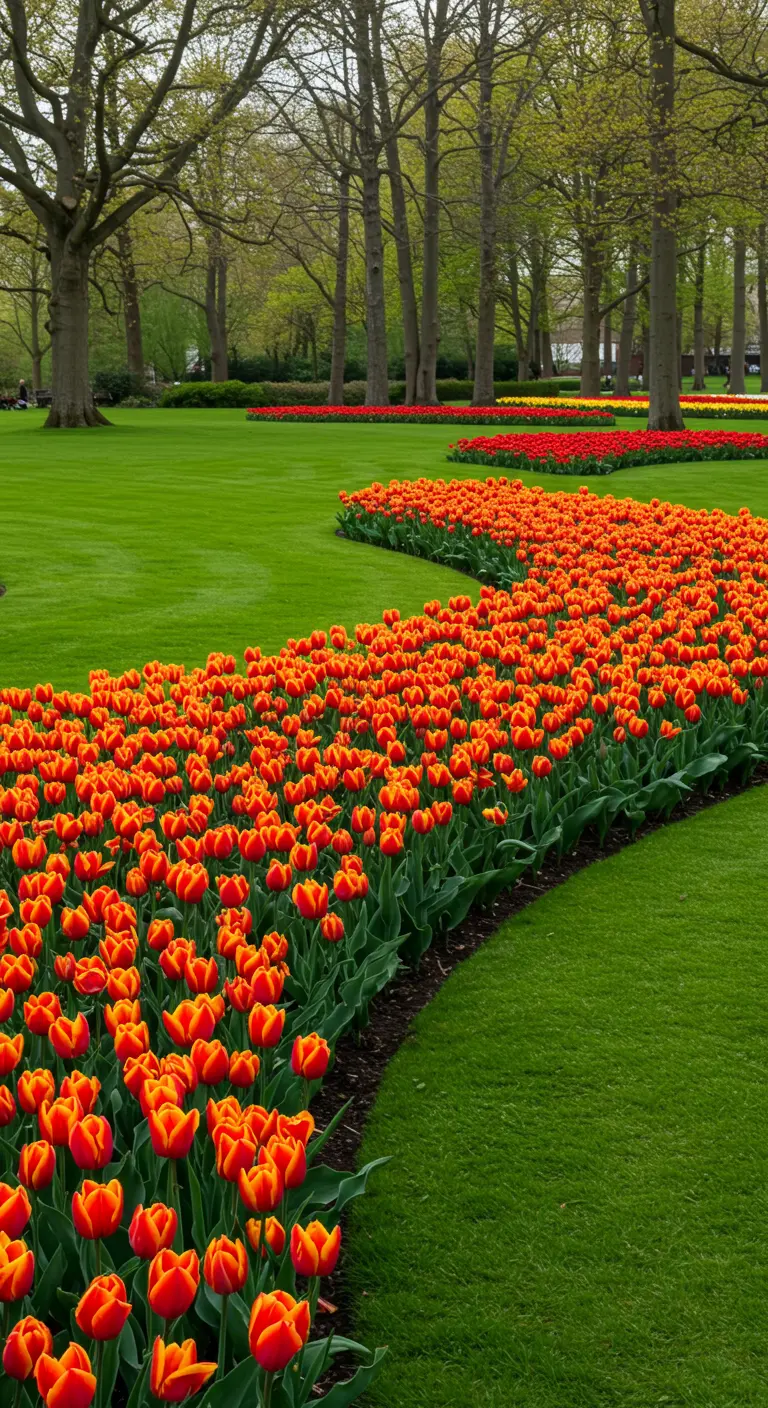 Parterre de tulipes oranges et rouges serpentant sur une pelouse verte.