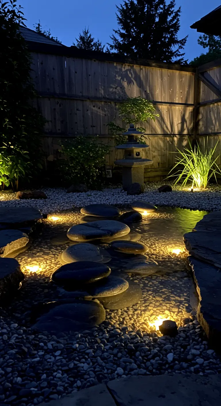 Petit bassin de jardin de style japonais avec des pierres et des spots lumineux sous l'eau.