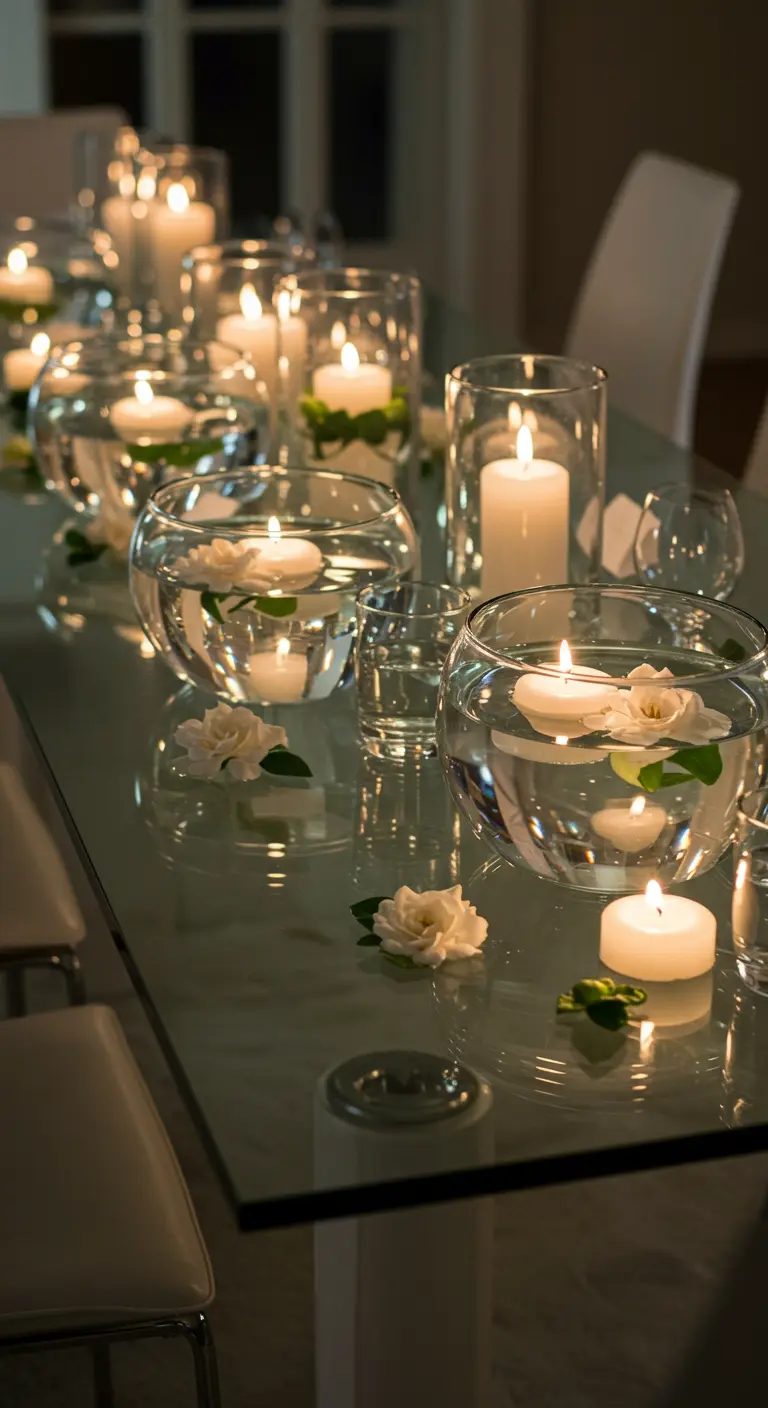 Table en verre avec des bougies flottantes dans des bols d'eau et des fleurs.