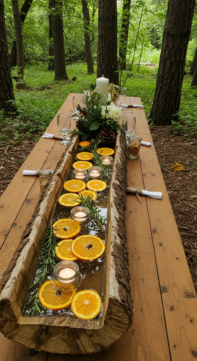 Centre de table dans un rondin de bois creusé rempli d'eau, d'oranges et de bougies.