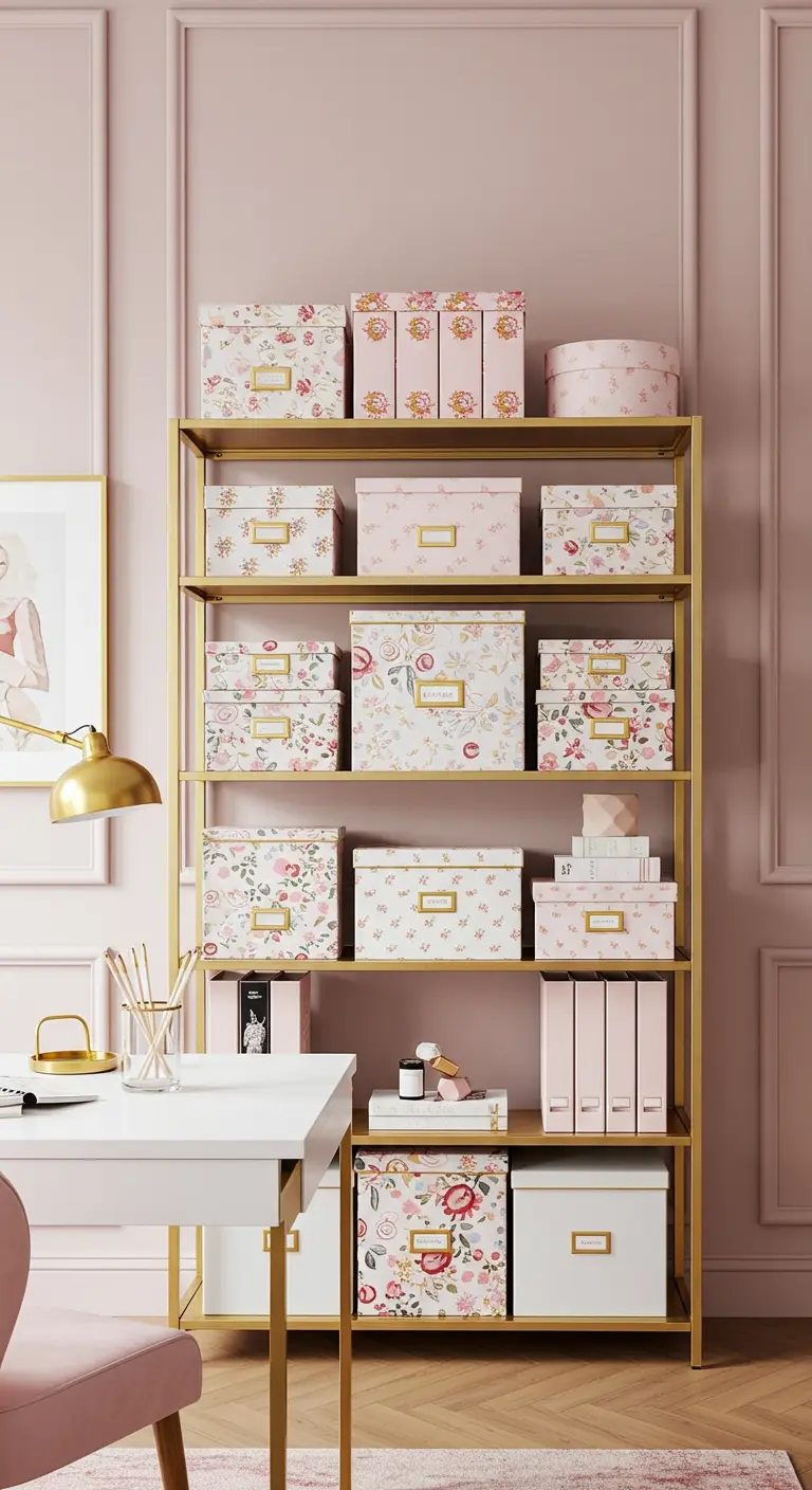 Étagère dorée remplie de boîtes de rangement à motifs floraux roses dans un bureau féminin.