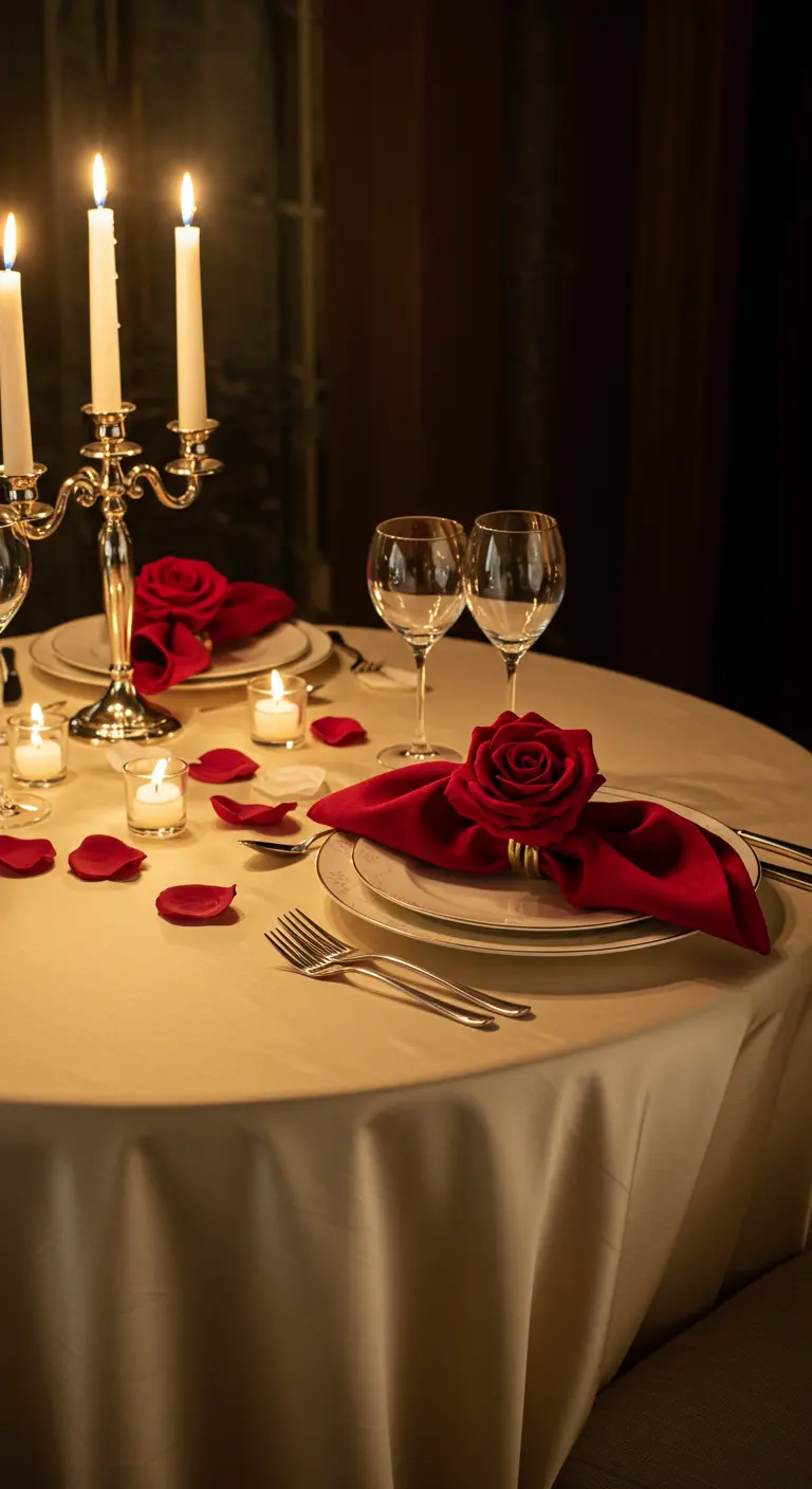 Table de dîner aux chandelles avec une serviette en velours rouge pliée en rose.