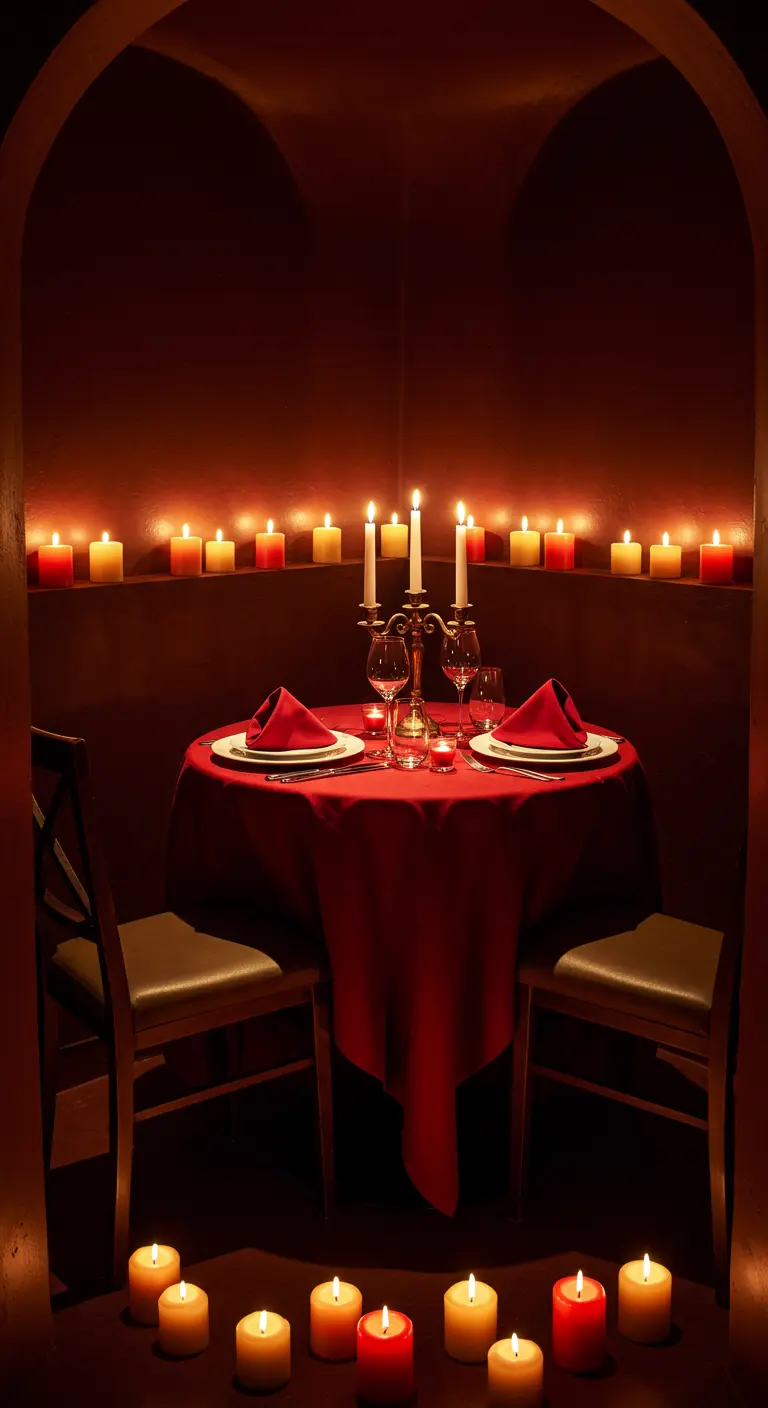 Table de dîner romantique éclairée à la bougie avec une serviette rouge pliée en rose.