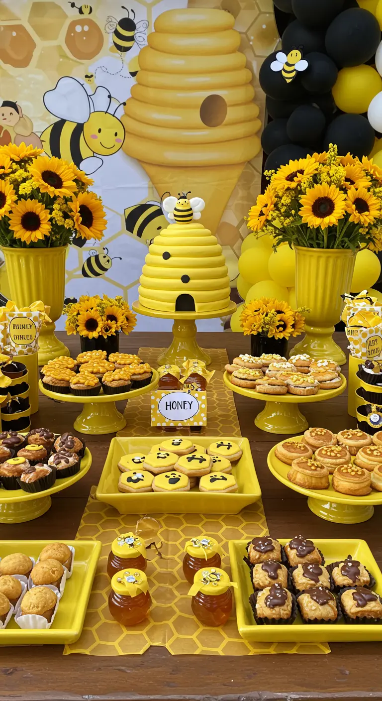 Buffet d'anniversaire jaune et noir sur le thème des abeilles.