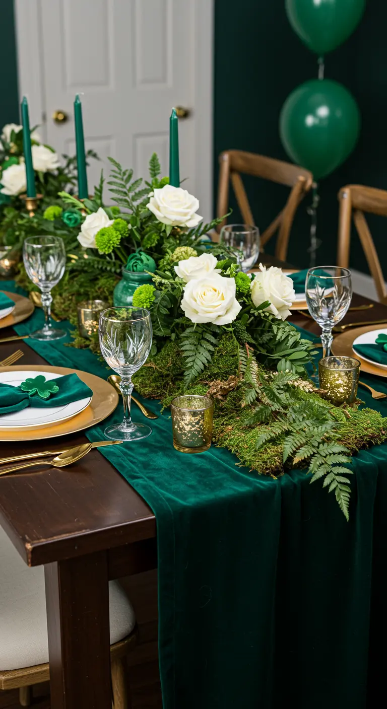Table de la Saint-Patrick luxuriante avec chemin de table en velours vert et beaucoup de verdure.