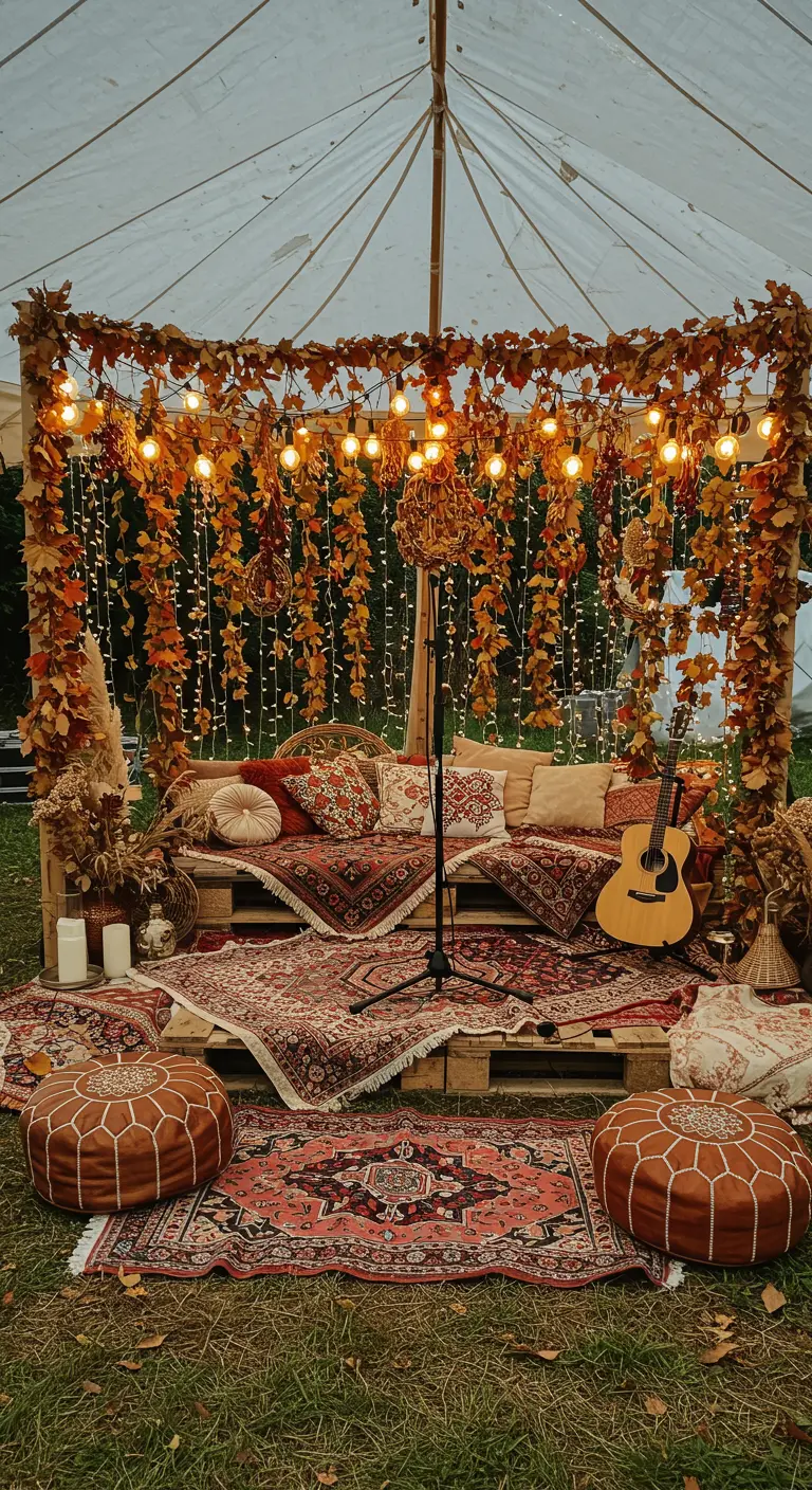 Espace lounge bohème avec tapis, coussins et guirlandes de feuilles lumineuses.