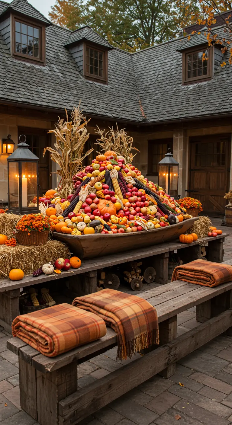 Grande table en bois avec une composition de courges et de maïs, entourée de bancs et de plaids.