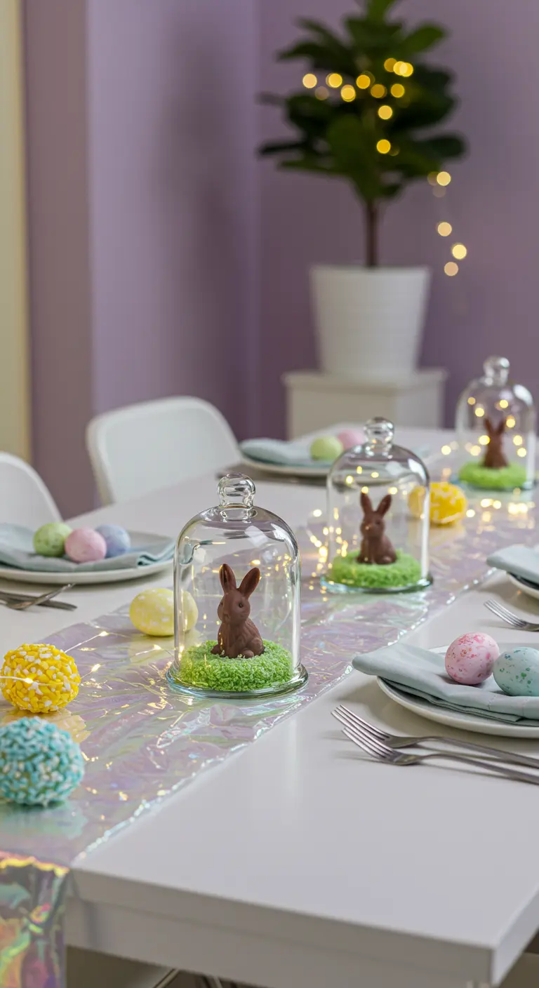 Lapins en chocolat sous des cloches en verre illuminées par des guirlandes LED.