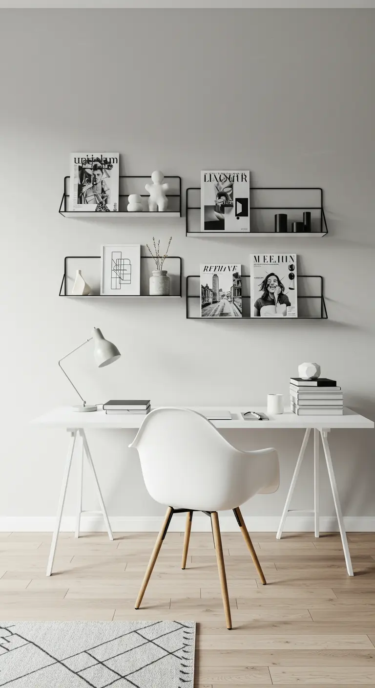 Bureau blanc minimaliste avec des étagères murales en fil de métal noir pour magazines.