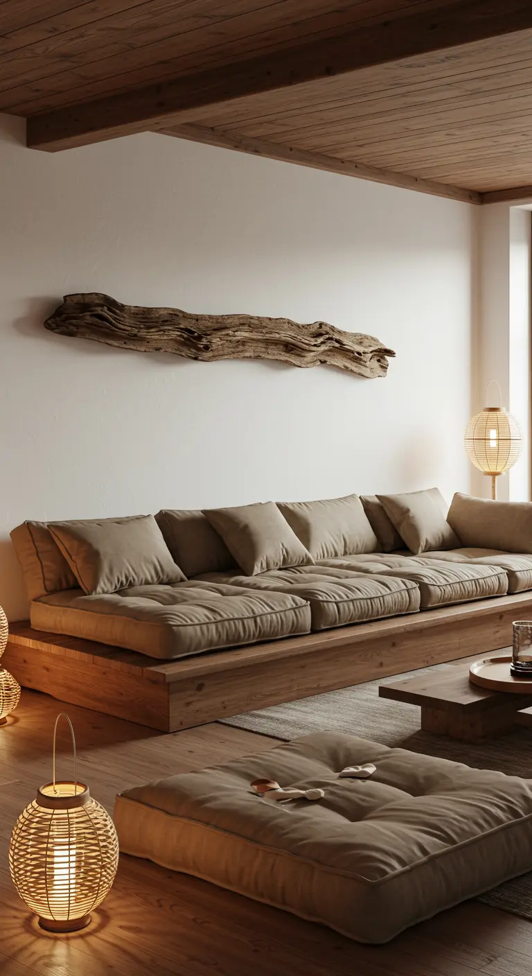 Salon avec un canapé bas sur une base en bois et du bois flotté au mur.