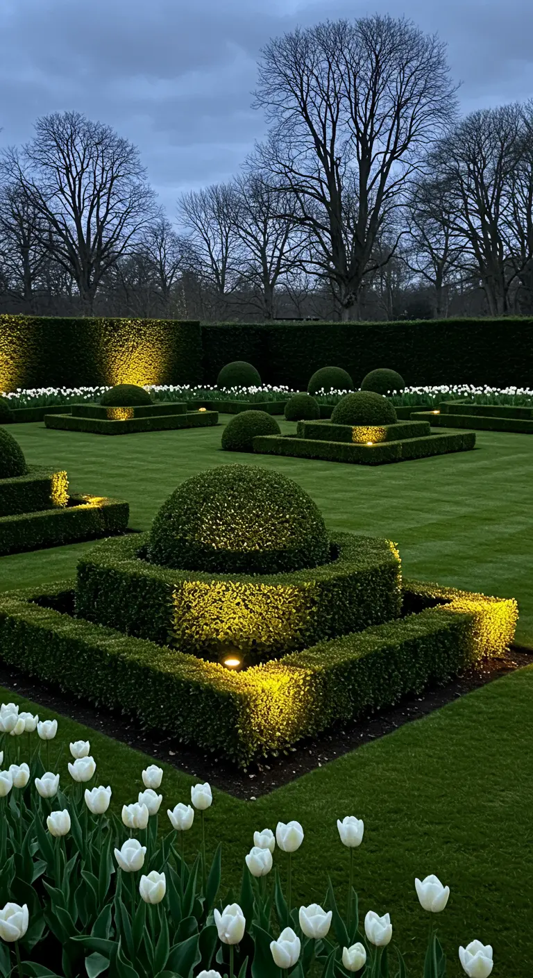 Jardin à la française avec des buis taillés et éclairés par des spots la nuit.