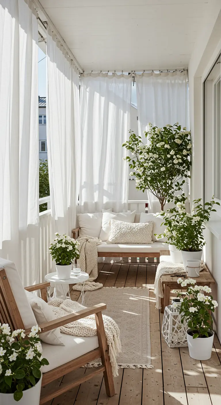 Balcon blanc et bois clair avec rideaux, banquette, fauteuils et plantes en pots blancs.