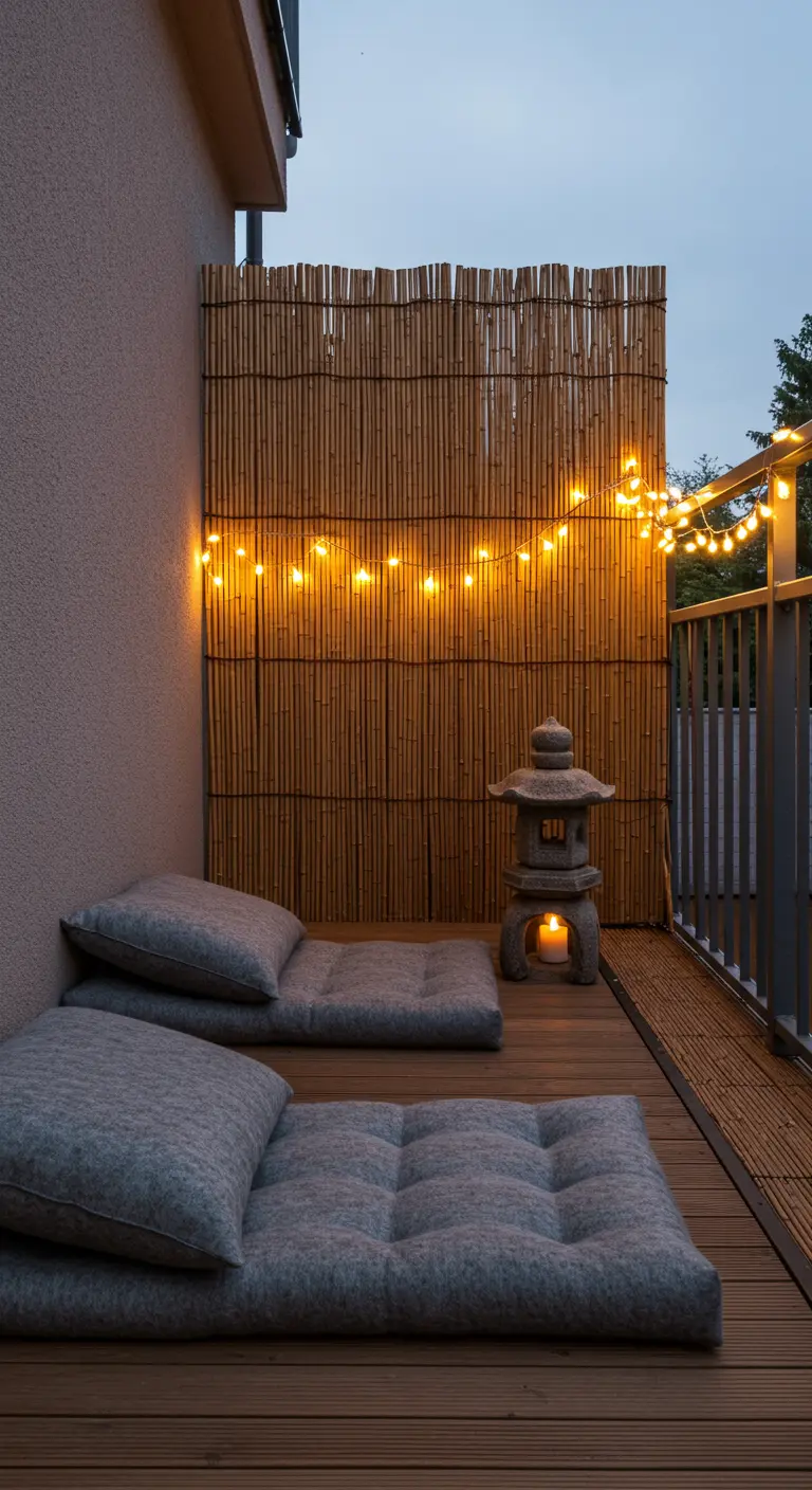 Balcon zen avec matelas de sol gris, paravent en bambou et lanterne japonaise.