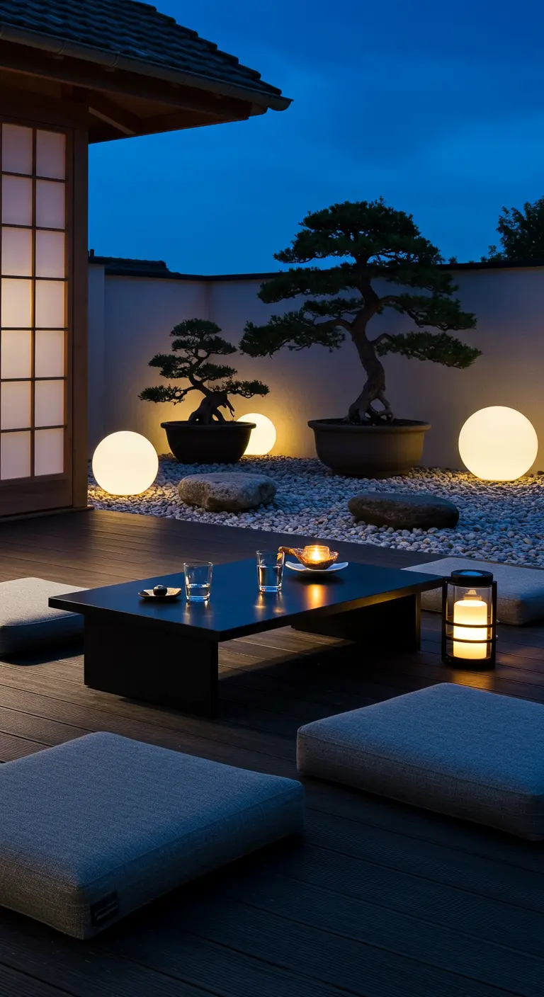 Terrasse de style japonais avec des bonsaïs, des coussins de sol et des lampes sphériques.