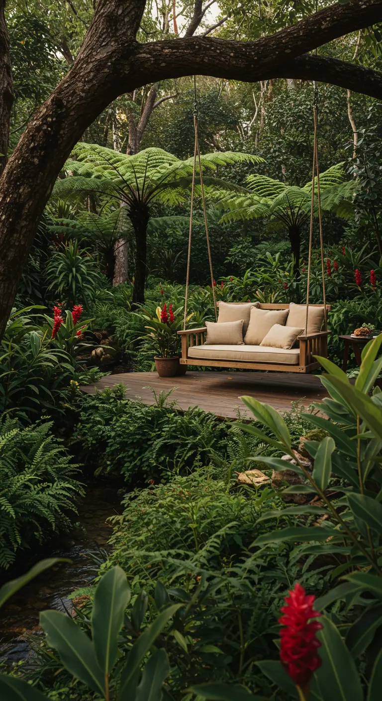 Canapé balançoire en bois dans un jardin luxuriant type jungle avec fougères et fleurs rouges.