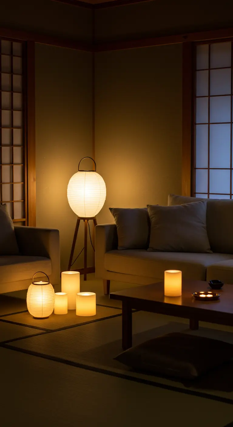 Plusieurs lanternes japonaises posées au sol créent une ambiance zen.