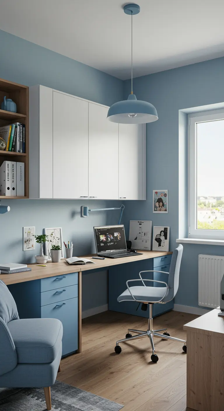 Bureau bleu et bois clair avec bureau en L, placards suspendus et fauteuil assorti.