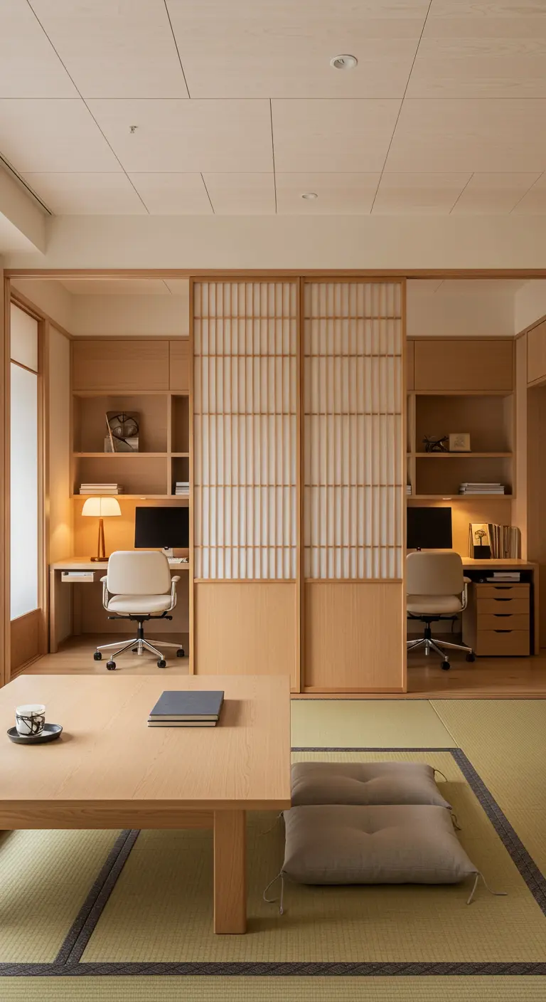 Bureau double de style Japandi avec des cloisons coulissantes en bois et papier.