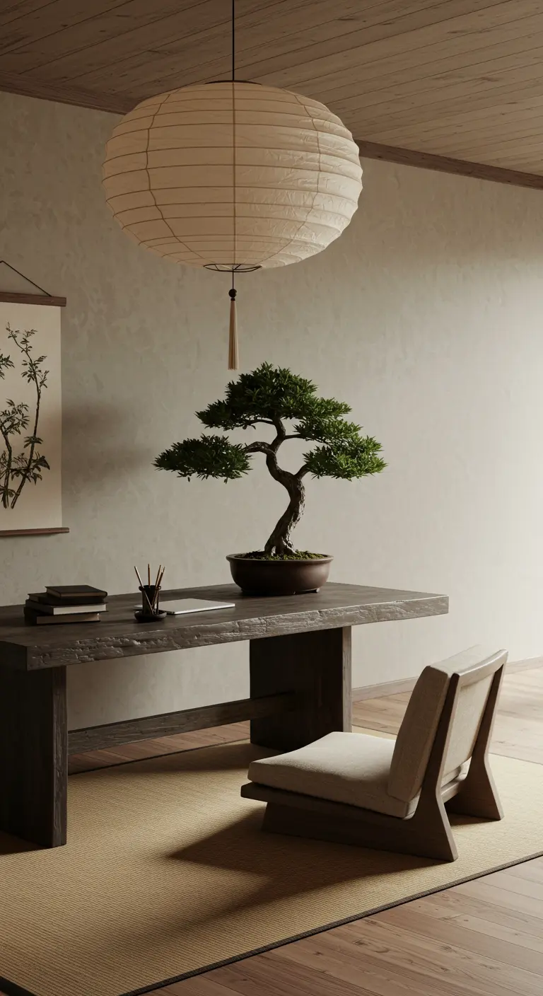 Bureau minimaliste de style japonais avec une suspension en papier et un bonsaï.