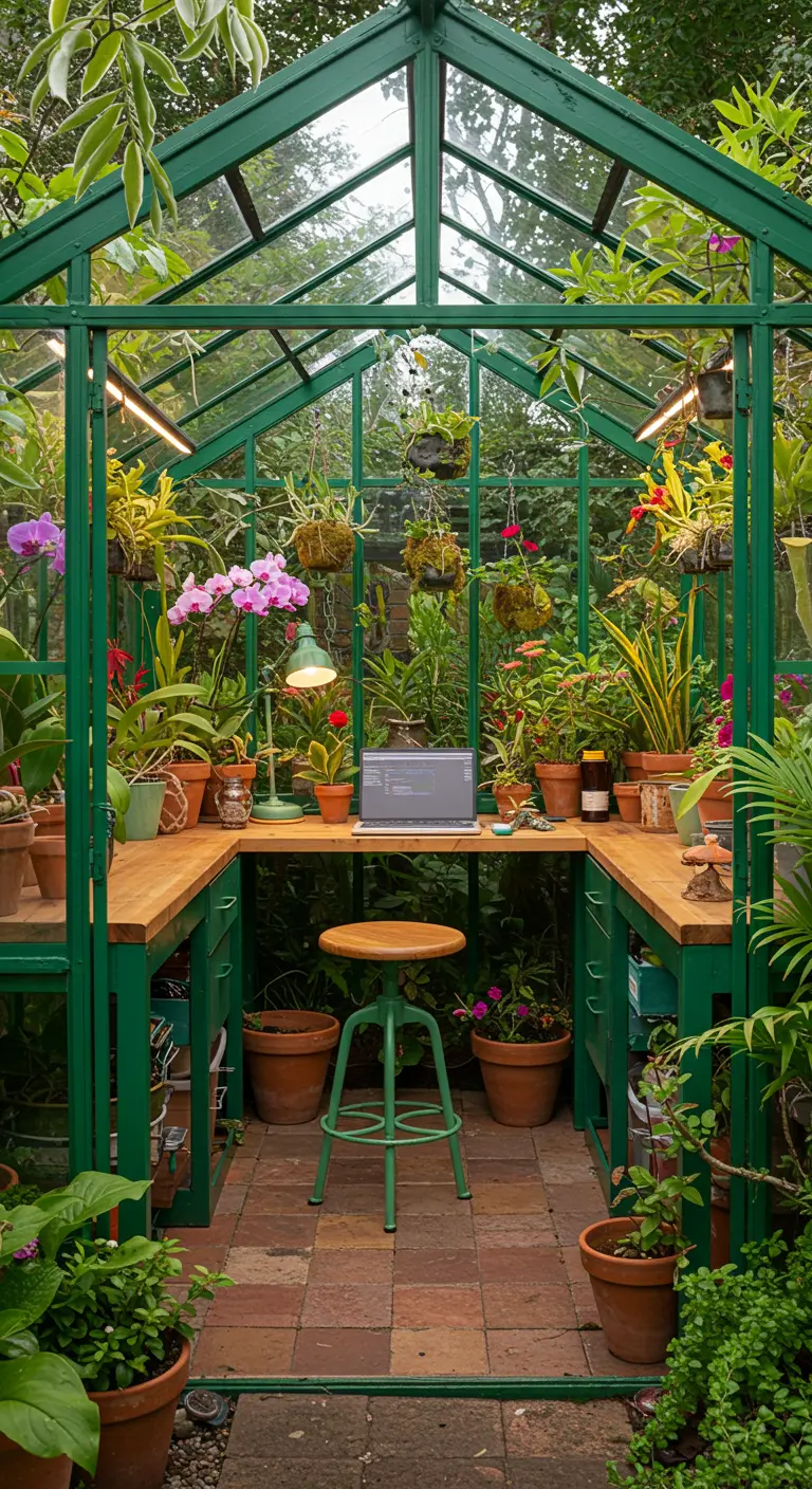 Bureau aménagé dans une serre verdoyante avec table en bois, plantes en pots et orchidées.