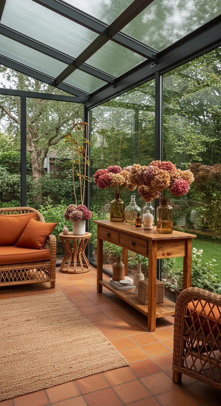Véranda avec meubles en rotin, tapis en jute et collection de vases d'hortensias.